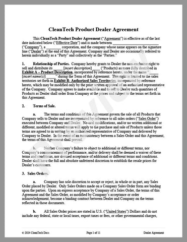 Dealer Agreement for Cleantech Products