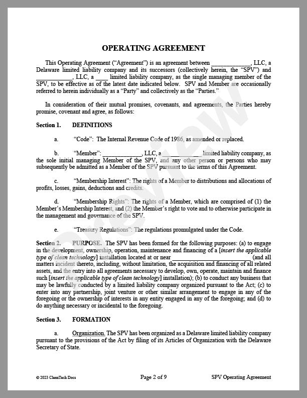 SPV Operating Agreement for CleanTech - Renewable energy legal forms from CleanTech Docs