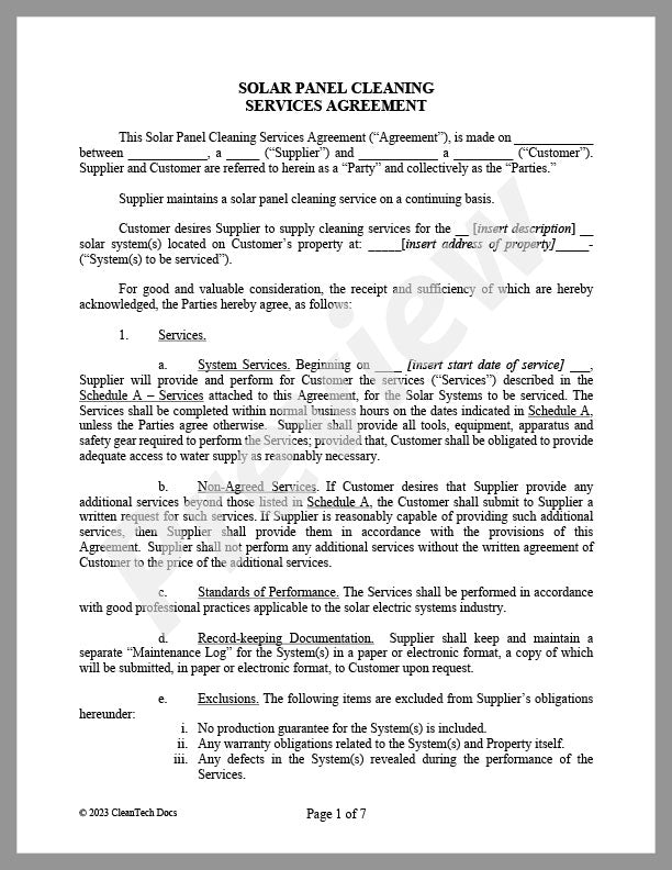 Solar Panel Cleaning Services Agreement - CleanTech Docs