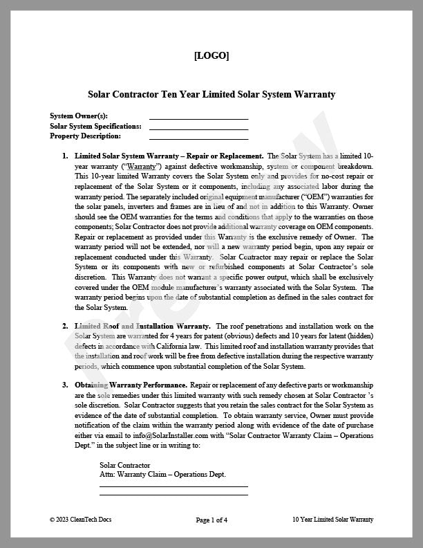 Ten-Year Limited Solar System Warranty - Renewable energy legal forms from CleanTech Docs