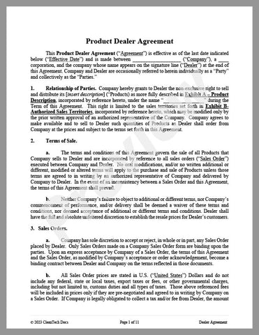Dealer Agreement for Cleantech Products