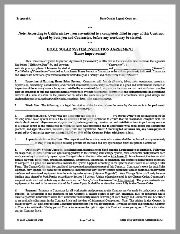 Residential Solar System Inspection Agreement (CA) - Renewable energy legal forms from CleanTech Docs