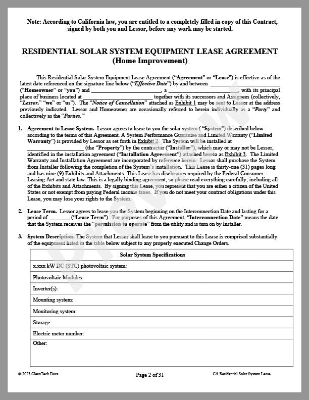 CleanTech Docs, Inc. | Residential Solar System Equipment Lease Agreement (CA)