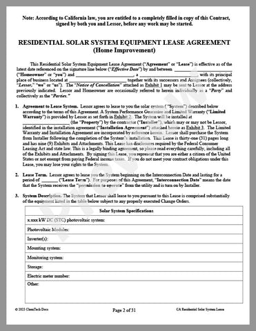 Residential Solar System Equipment Lease Agreement (CA)