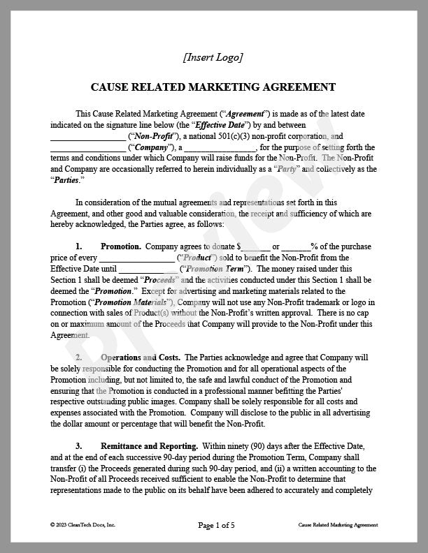 Cause Related Marketing Agreement - Renewable energy legal forms from CleanTech Docs