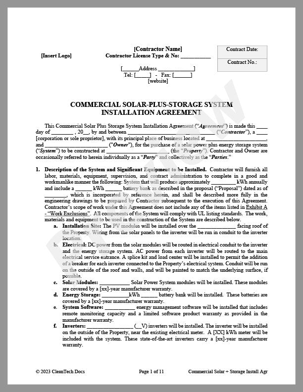 Commercial Solar-Plus-Storage System Installation Agreement - Renewable energy legal forms from CleanTech Docs