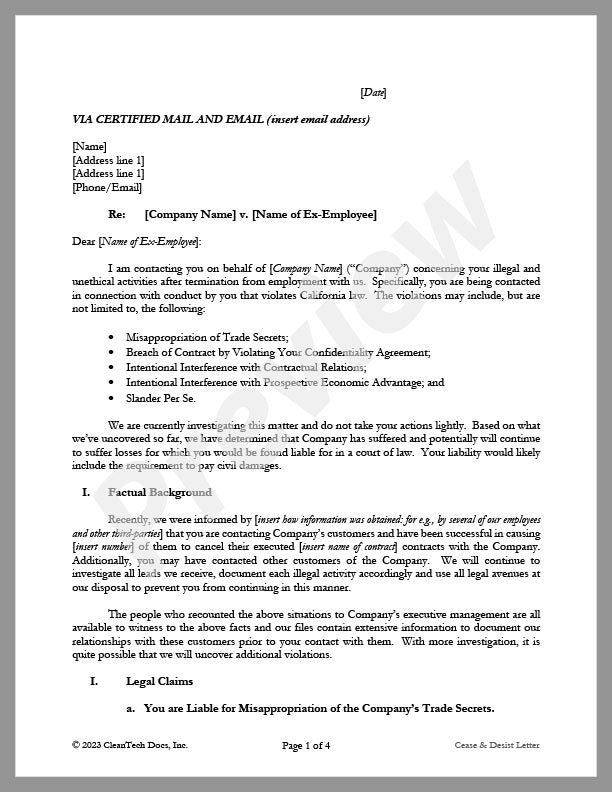 Cease & Desist Letter For Misappropriation of Trade Secrets - Renewable energy legal forms from CleanTech Docs