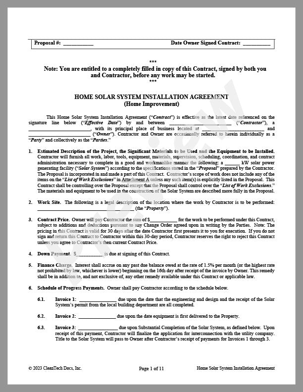 Residential Solar System Installation Agreement - Renewable energy legal forms from CleanTech Docs