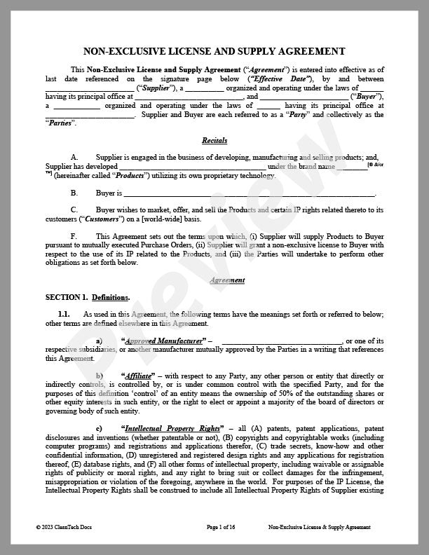 Non-Exclusive License & Supply Agreement - Renewable energy legal forms from CleanTech Docs