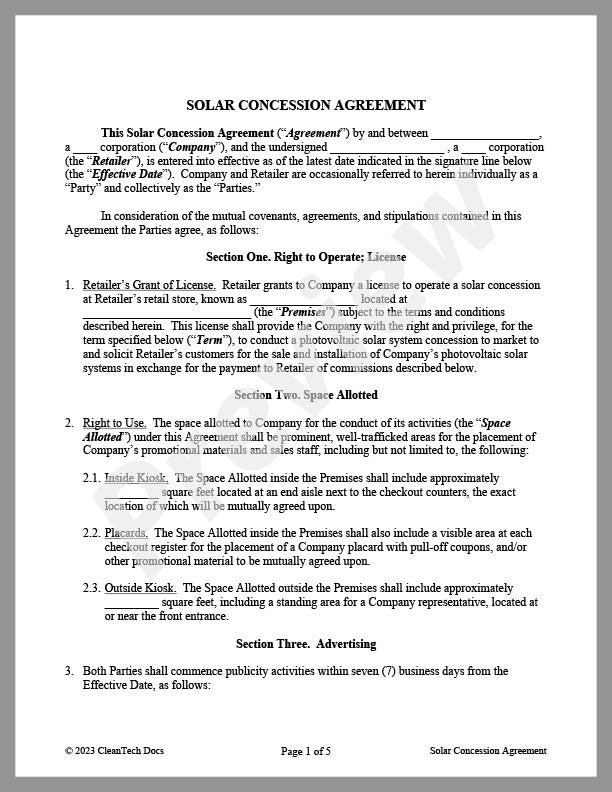Solar Concession Agreement - Renewable energy legal forms from CleanTech Docs