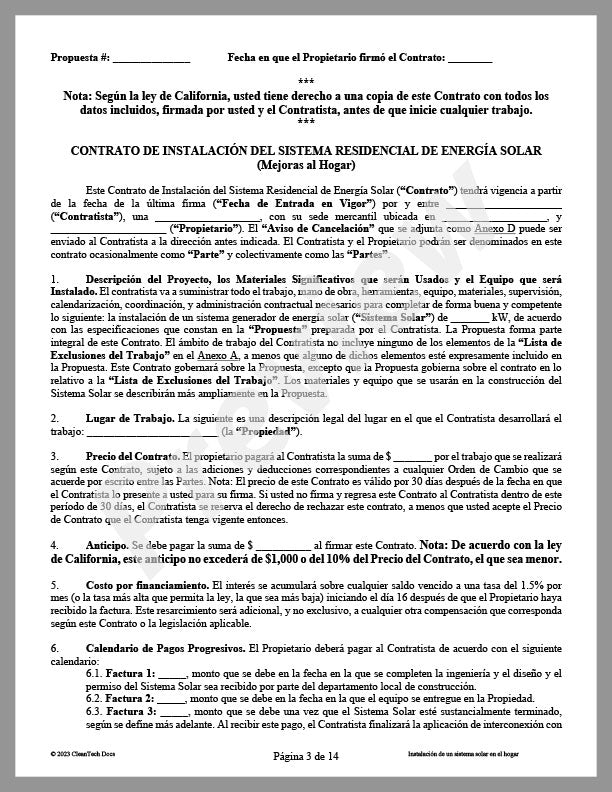 Residential Solar System Installation Agreement (CA) - Spanish Language Version - Renewable energy legal forms from CleanTech Docs