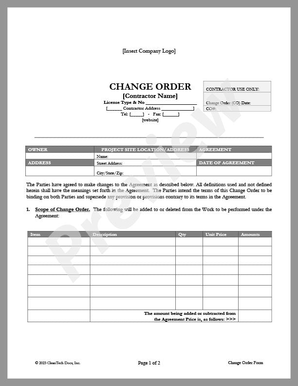 Change Order Form - Renewable energy legal forms from CleanTech Docs