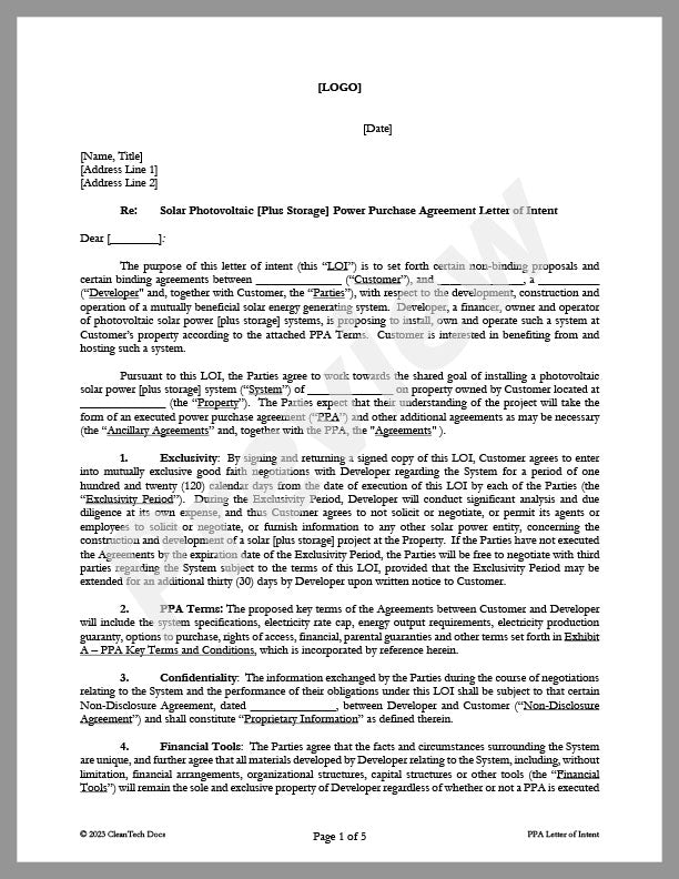 Letter of Intent (LOI) for Power Purchase Agreement - Renewable energy legal forms from CleanTech Docs
