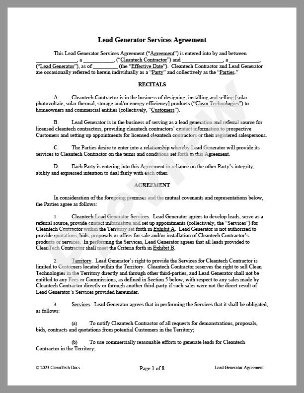 Lead Generator Services Agreement - Renewable energy legal forms from CleanTech Docs