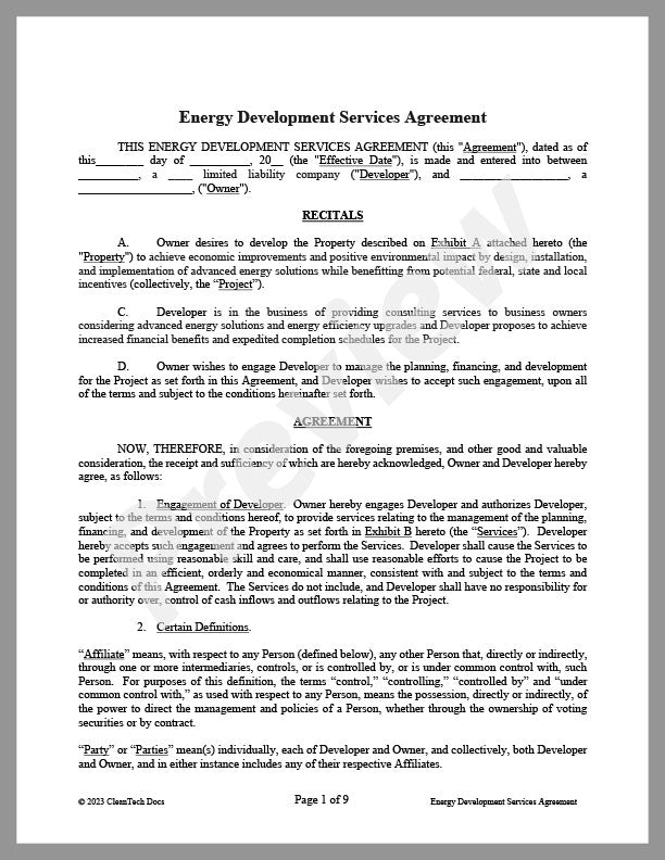 Energy Development Services Agreement - Renewable energy legal forms from CleanTech Docs